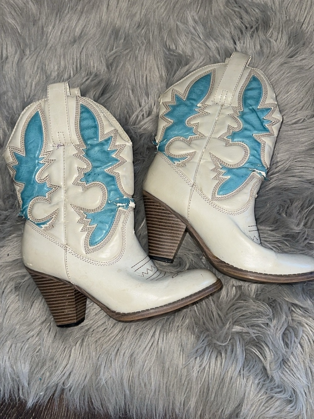MIA White and Turquoise Western Ankle Boots
